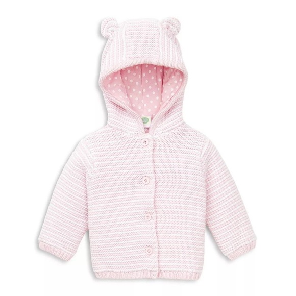 Little Me Pink and White Knit Baby Bear Hooded Sweater Jacket - Picture 1 of 7